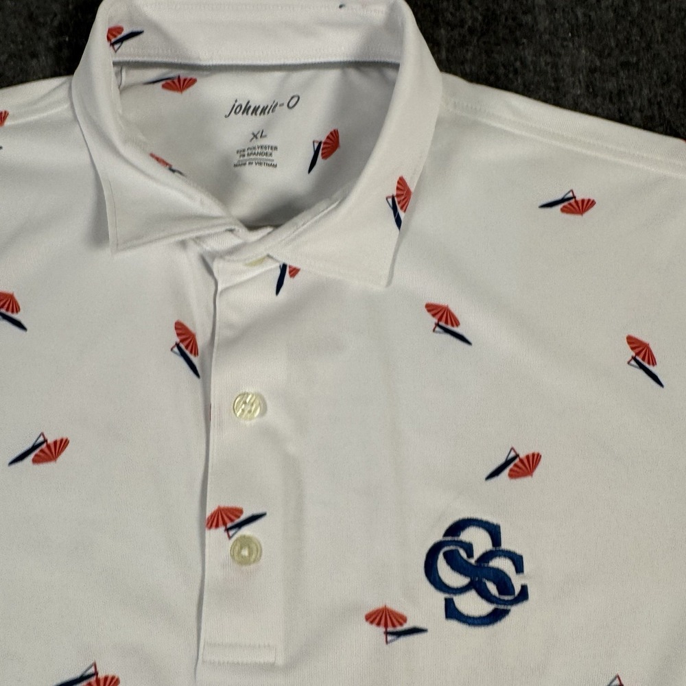 Johnnie-O Polo Shirt Men's XL White Umbrella Print Stretch Performance Golf